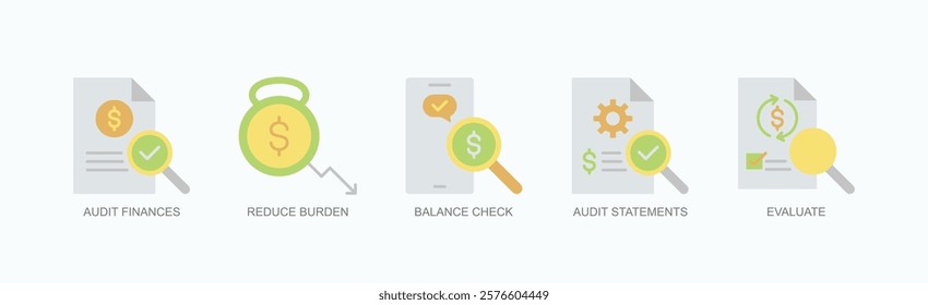 Financial Clarity And Control Icon Set Isolated Vector With Icon Of Audit Finances, Reduce Burden, Balance Check, Audit Statements, Evaluate In Flat Style