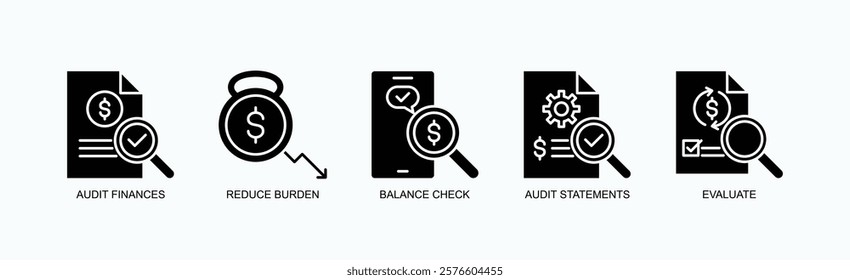 Financial Clarity And Control Icon Set Isolated Vector With Icon Of Audit Finances, Reduce Burden, Balance Check, Audit Statements, Evaluate In Glyph Style