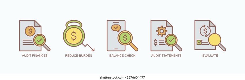 Financial Clarity And Control Icon Set Isolated Vector With Icon Of Audit Finances, Reduce Burden, Balance Check, Audit Statements, Evaluate In Outline Color Style