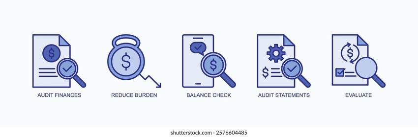 Financial Clarity And Control Icon Set Isolated Vector With Icon Of Audit Finances, Reduce Burden, Balance Check, Audit Statements, Evaluate In Blue Style