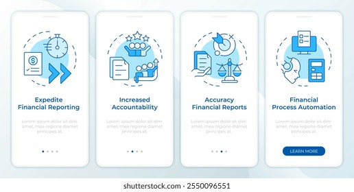 Financial close advantages blue onboarding mobile app screen. Walkthrough 4 steps editable graphic instructions with linear concepts. UI, UX, GUI template. Montserrat SemiBold, Regular fonts used