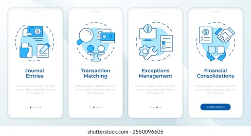 Documentación financiera de cierre Pantalla azul del App móvil de incorporación. Instrucciones gráficas editables de 4 pasos con conceptos lineales. UI, UX, Plantilla GUI. Montserrat SemiBold, Fuentes regulares utilizadas