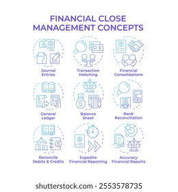 Financial close management blue gradient concept icons. Accounting statements, banking. Icon pack. Vector images. Round shape illustrations for infographic, presentation. Abstract idea