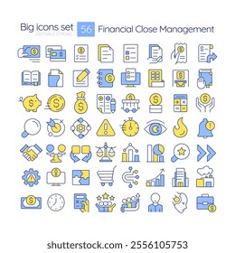 Financial close management RGB color icons set. Accounting statements, transactions. Business, banking. Isolated vector illustrations. Simple filled line drawings collection. Editable stroke