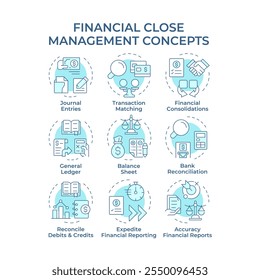 Ícones de conceito azul flexível do Financial Close Management. Demonstrativos contábeis, bancários. Pacote de ícones. Imagens vetoriais. Ilustrações de forma redonda para infográfico, apresentação. Ideia abstrata