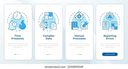 Financial close problems blue onboarding mobile app screen. Walkthrough 4 steps editable graphic instructions with linear concepts. UI, UX, GUI template. Montserrat SemiBold, Regular fonts used