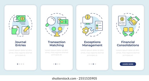 Financial close solutions onboarding mobile app screen. Walkthrough 4 steps editable graphic instructions with linear concepts. UI, UX, GUI template