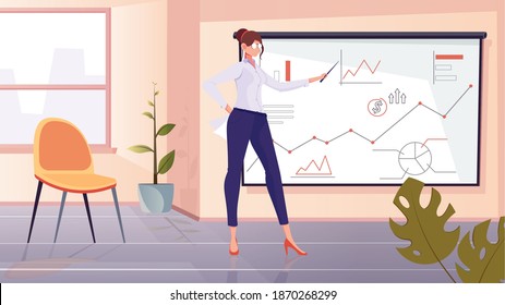 Financial coach composition with flat office scenery and female character near board with diagram chart drawings vector illustration