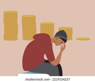 Financial coin diagram and sad persona, flat vector stock illustration as concept of declining income or financial crisis