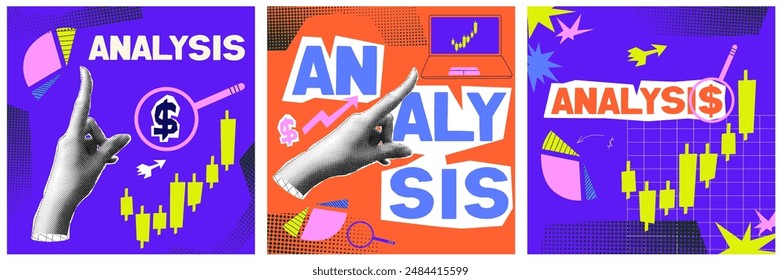 Financial collage with halftone hand and growth money. Financial and analysis collage concept. Halftone bright poster set