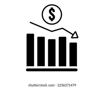 Financial collapse with bankruptcy. Concept of devaluation with currency loss. Graph with fall and severe inflation on white background