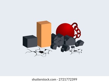 Colapso financiero Vector plano. Bola de demolición que simboliza la deuda y la inflación aplastando el crecimiento empresarial. Concepto de riesgo de inversión, pérdida de capital y economía en quiebra en estilo moderno. pérdida de negocios, quiebra y gran impacto de la deuda en la estabilidad corporativa.