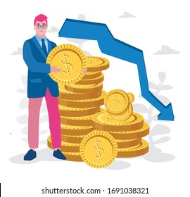 

Financial Collapse, Inflation, No Money Arrow Down. Vector Illustration For Web Banner, Infographics, Mobile. Dollar Exchange Rate Down,