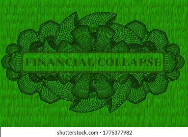 Financial Collapse text inside Currency green turf grass realistic emblem. Eco chic background. Intense illustration. 