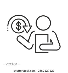 financial collector with clipboard icon, bailiff or debt inspector, loan problems, debt, thin line web symbol on white background - editable stroke vector illustration eps10