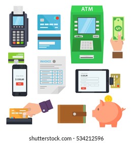 Financial or commercial icons in flat style. Set payment methods in retail and online purchases. Signs of banking services isolated from the background. Payment via terminals and web services. 