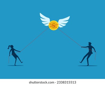 Financial competition. Business men and women help each other pull coins. vector 