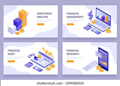 Financial concept banners. Can use for infographics, hero images. Flat isometric vector illustration isolated on white background. 