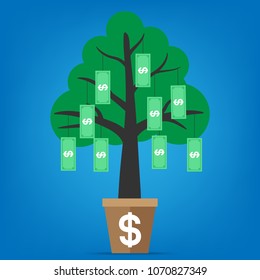 Financial concept with branches of tree growing money from branches, wallpaper, backdrop and template. Vector illustration background