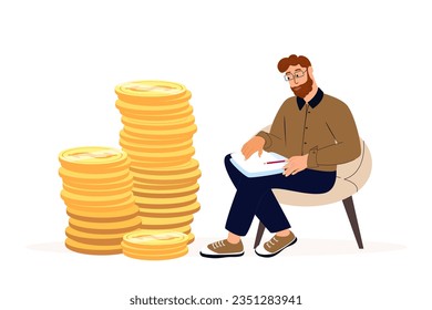 Concepto financiero.Hombre calculando su dinero, presupuesto de planificación, distribución diversificada de los gastos de dinero.Enorme pila de dinero.Asignación de activos, ahorro, gestión de finanzas personales.Ilustración vectorial plana