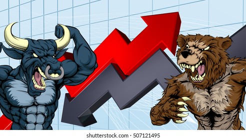 Financial concept of a cartoon bear fighting a bull mascot characters in front of a stock market or profit graph