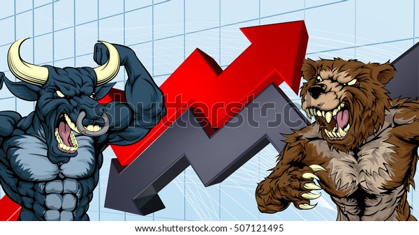 Financial concept\
of a cartoon bear fighting a bull mascot characters in front of a\
stock market or profit\
graph