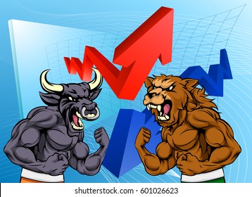 Financial concept of a cartoon bull versus a bear mascot characters in front of a stock market or profit graph