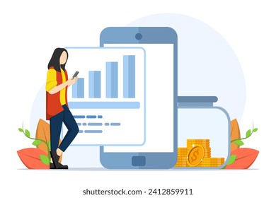 financial concept. Character invests money in stock market. and other data. stock trades. Explore financial chart analysis, latest stock market news, Flat Vector illustration on white background.