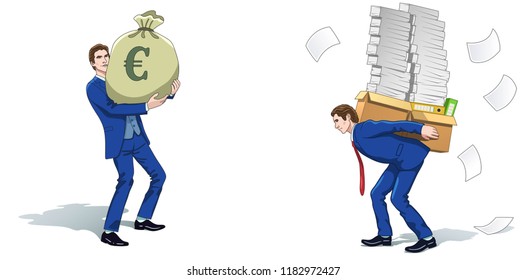 Financial concept clipart. Business man with money bag. Businessman carrying stack of papers. Colorful cartoon characters. Vector illustration. 