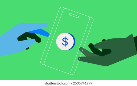 A financial concept, a collection of flat vector images, cash and cashless money transactions, a tax receipt, mobile phone with an online banking interface on it, digital financial service.