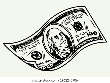 Concepto financiero de la caída del billete en dólares en una vintage ilustración vectorial aislada al estilo monocromo
