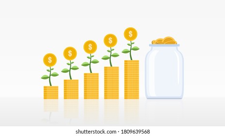 Concepto financiero con árbol en crecimiento en pila de ahorro de moneda y frasco de vidrio en diseño de icono plano