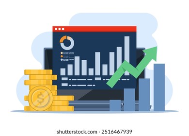 Finanzkonzept Wachstumskarte, Tablet mit Goldmünzen, Investitionen, steigern Vermögen oder Einkommen, erhöhen Business-Gewinn, Finanzbericht Diagramm mit exponentiellen Pfeil. isolierter Hintergrund.