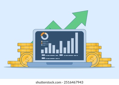 Gráfico de crescimento de conceito financeiro, Tablet com moedas de ouro, investimento, aumentar a riqueza ou renda, aumentar o lucro de negócios, gráfico de relatório financeiro com seta exponencial.