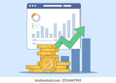 Gráfico de crescimento de conceito financeiro, Tablet com moedas de ouro, investimento, aumentar a riqueza ou renda, aumentar o lucro de negócios, gráfico de relatório financeiro com seta exponencial.