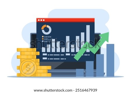 Financial concept growth chart, Tablet with gold coins, investment, increase wealth or income, increase business profit, financial report chart with exponential arrow. isolated background.