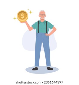Financial concept. Happy Elderly man Holding Coin. Wealthy Aged man Showing Currency in Hand