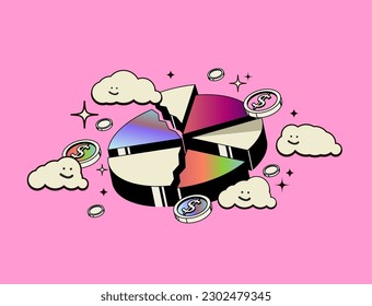 Financial concept illustration with round pie chart with dollar coins and indication of expenses or spendings or rebalancing diversification investment. Financial allocation investment strategy 