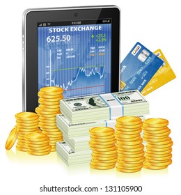 Financial Concept Make Money on the Internet with Tablet PC and Stock Market Application on Screen and Money, icon isolated on white, vector