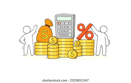 Conceito financeiro com homem, calculadora de crédito, dinheiro. Ilustração de esboço vetorial do homem doodle calcular dívida para dividendo, hipoteca, banco.
