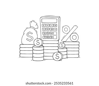 Concepto financiero con el hombre, calculadora de crédito, dinero. Ilustración de boceto de Vector de hombre doodle calcular deuda para dividendo, hipoteca, banco.