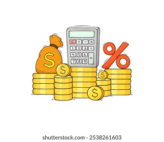 Conceito financeiro com homem, calculadora de crédito, dinheiro. Ilustração de esboço vetorial do homem doodle calcular dívida para dividendo, hipoteca, banco.