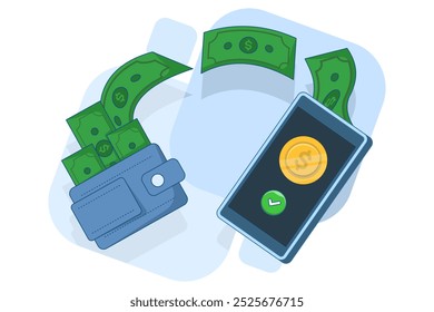 financial concept with money transfer. Sending money to a card, to a bank account or an e-wallet. financial transactions and payments. Flat vector illustration on a background.