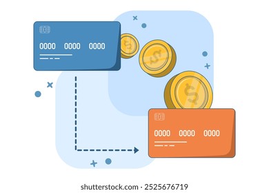 conceito financeiro com transferência de dinheiro. Enviando dinheiro para um cartão, para uma conta bancária ou uma e-wallet. transações e pagamentos financeiros. Ilustração de vetor plano em um plano de fundo.