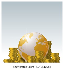 Financial concept with piles of coin and golden world globe background , vector , illustration