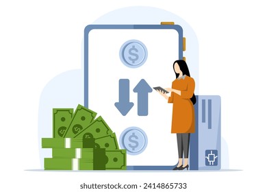concepto financiero. recompensas en tarjetas de crédito, los personajes pagan en línea y reciben dinero extra, dinero en efectivo, ahorros financieros y cambio de dinero. Ilustración vectorial plana sobre fondo blanco.