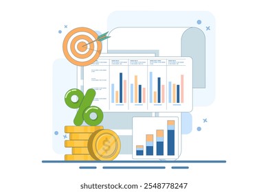 Conceito financeiro, estratégia de vendas, trabalho em equipe, orçamento da empresa, crescimento da receita, negócios de investimento, aumentando os resultados da empresa. banner de vetor plano para página inicial do site. ilustração de vetor plano.