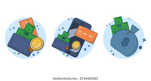 Conceito financeiro. Poupança de dinheiro, cartão de débito ou poupanças em conta bancária. Conceito de operação de pagamento, transferência, carteira eletrônica, gestão financeira e poupança. Ilustração de vetor plano.