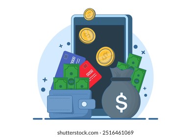 Financial concept. Saving cash, debit card or savings in bank account. Payment transaction, transfer, e-wallet, financial management and savings concept. Flat vector illustration.