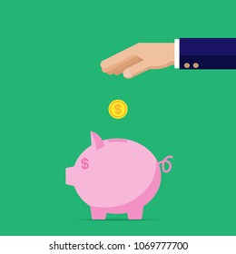 Financial concept with saving coin into the piggy bank, wallpaper, backdrop and template. Vector illustration background